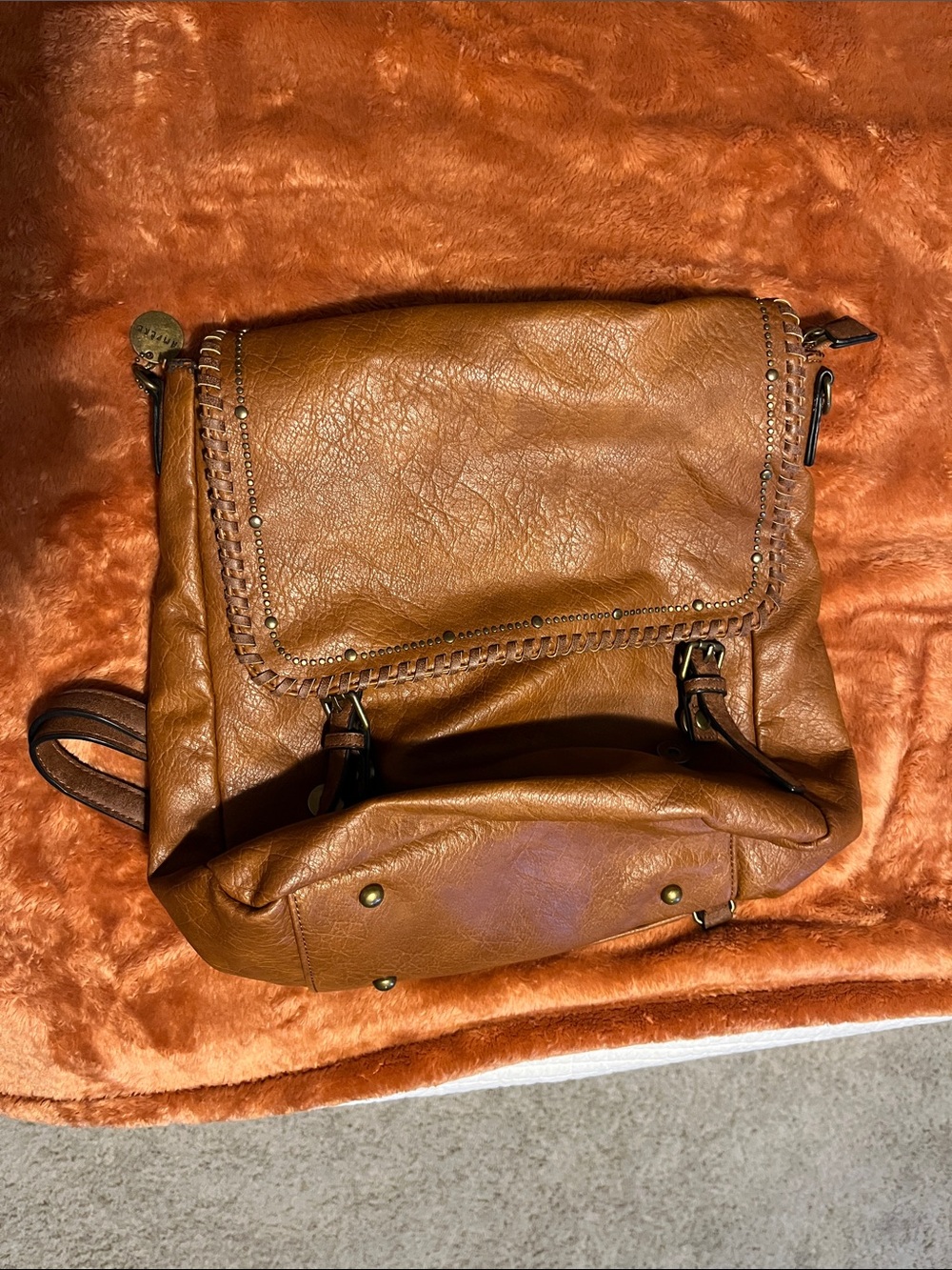 Casual Tan Faux Leather Backpack with Studded Trim